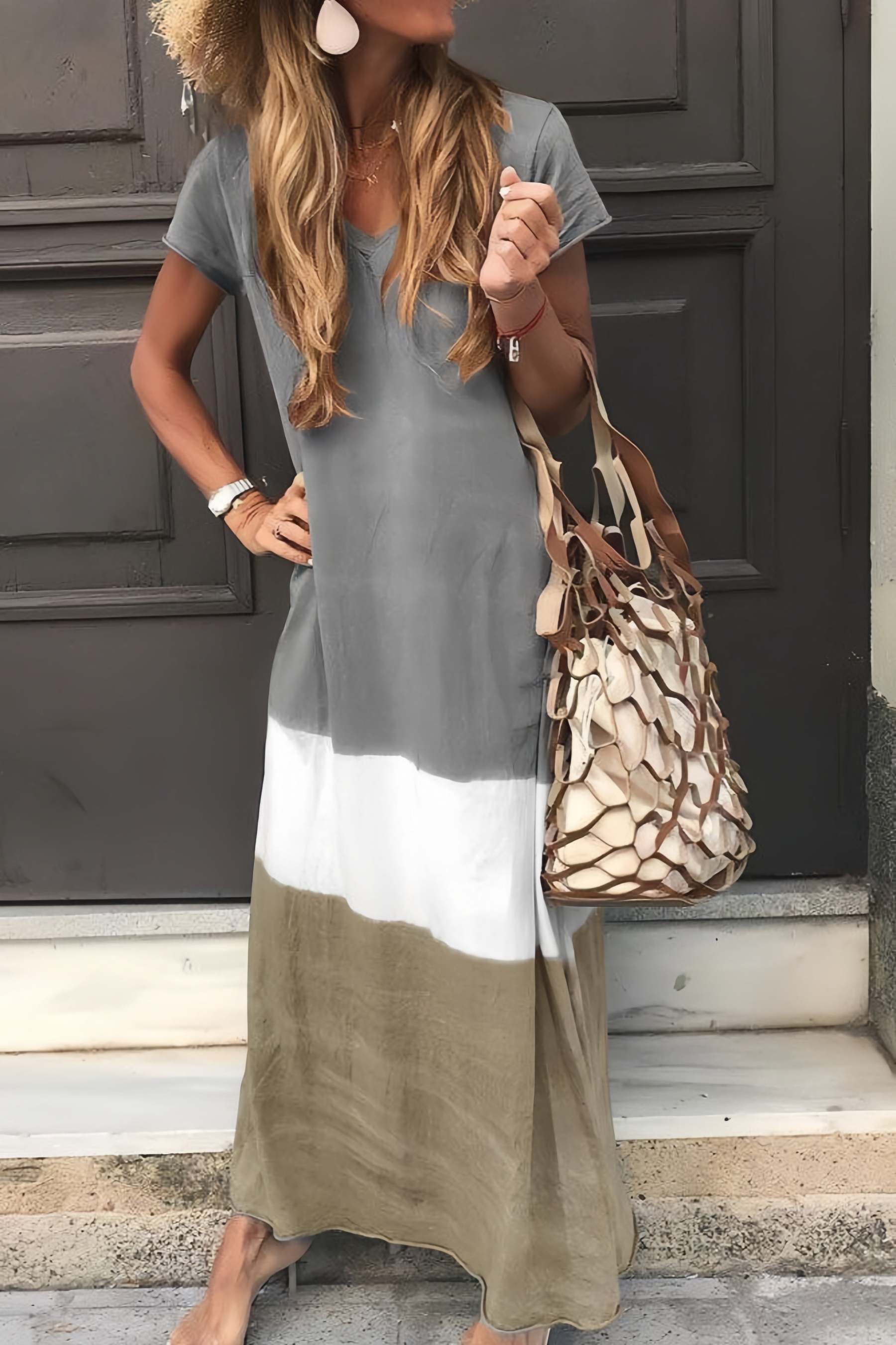 Women V Neck Short Sleeve Maxi Dress