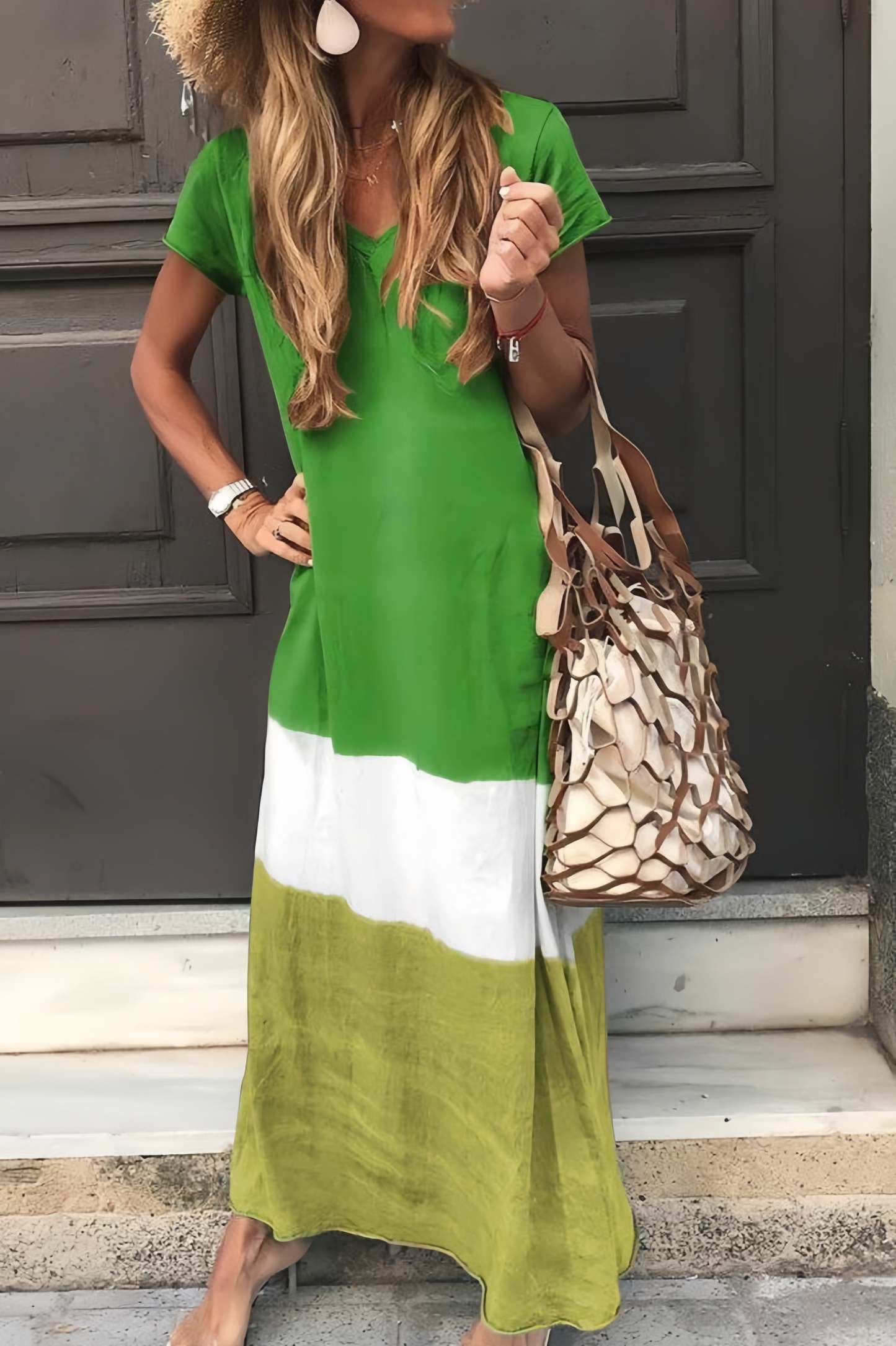  Women V Neck Short Sleeve Maxi Dress