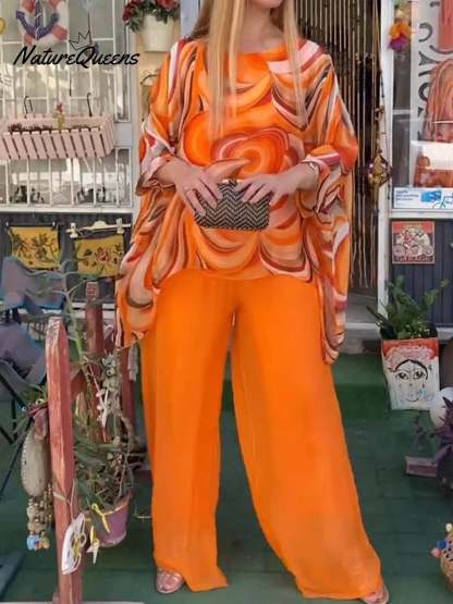 Women's Round Neck 3/4 Sleeves Abstract Geometric Pattern Print Loose and Comfortable Top High Waist Solid Color Wide Leg Pants Chiffon Casual Suit