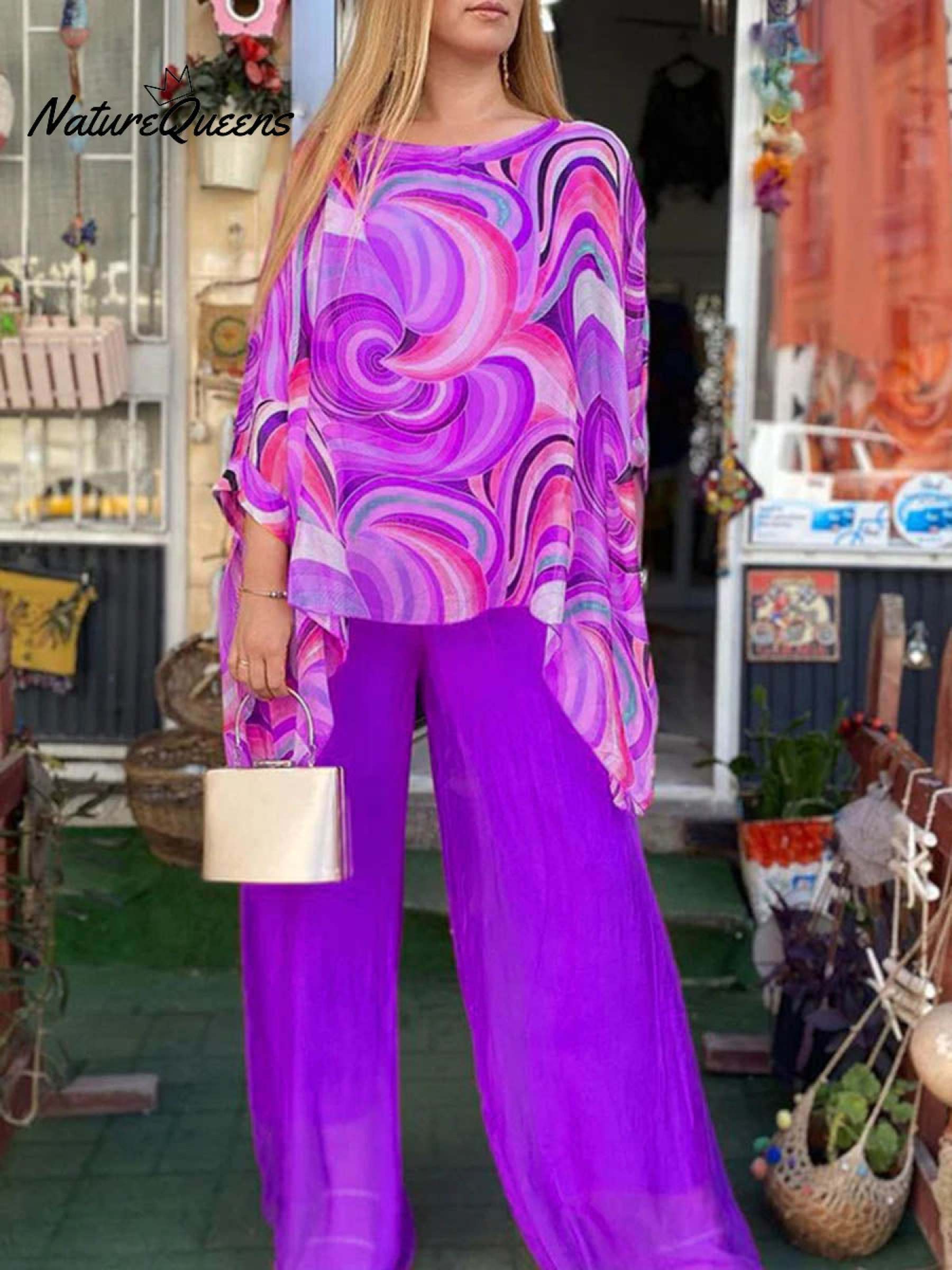 Women's Round Neck 3/4 Sleeves Abstract Geometric Pattern Print Loose and Comfortable Top High Waist Solid Color Wide Leg Pants Chiffon Casual Suit