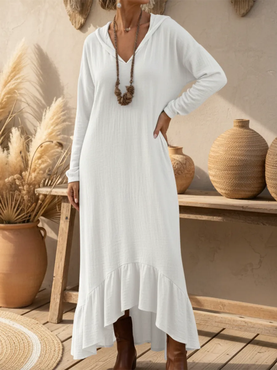 Boho Casual Loose-fitting Hooded Ruffled Hem Linen Dress