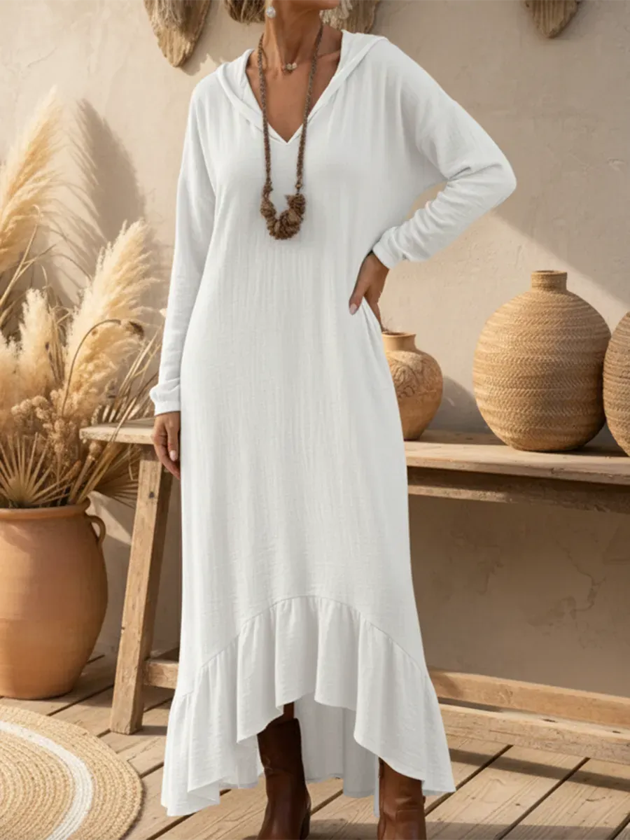 Boho Casual Loose-fitting Hooded Ruffled Hem Linen Dress