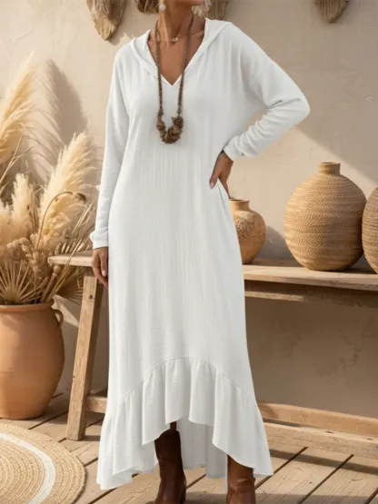 Boho Casual Loose-fitting Hooded Ruffled Hem Linen Dress