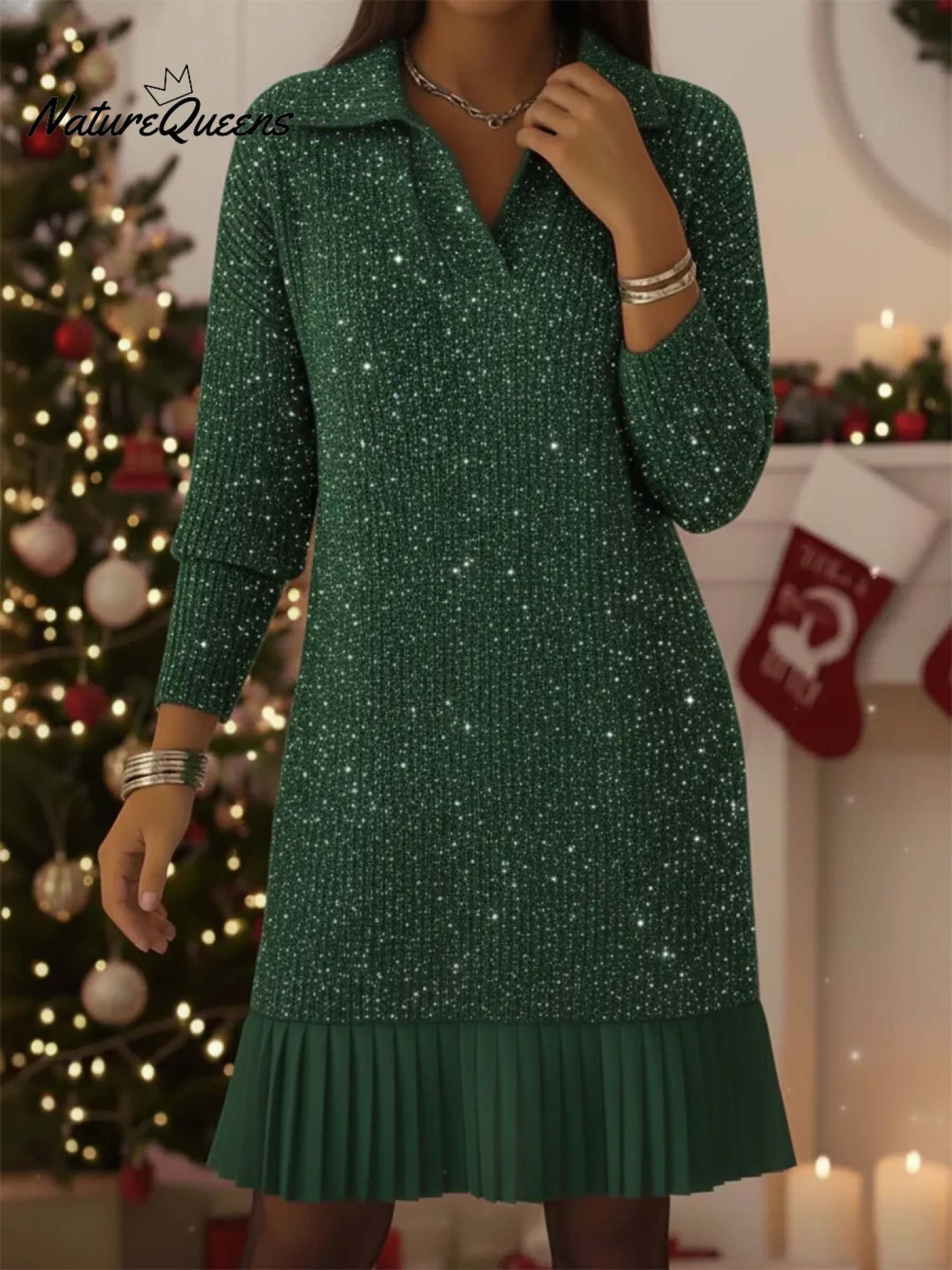 Elegant Polo Neck Shimmering Knit Dress
