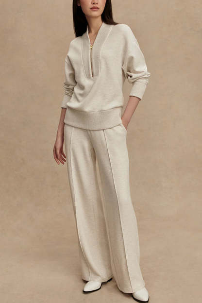Meet The Autumn Ribbed Zipper Neck Sweatshirt and Elastic Waist Pocketed Loose Pants Set
