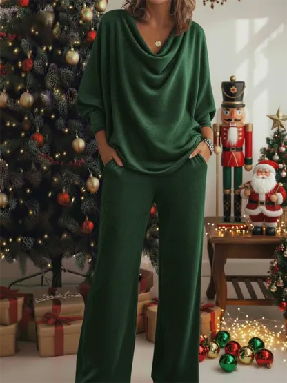 Christmas Cozy Velvet Cowl Collar Top And Pants Two-piece Set