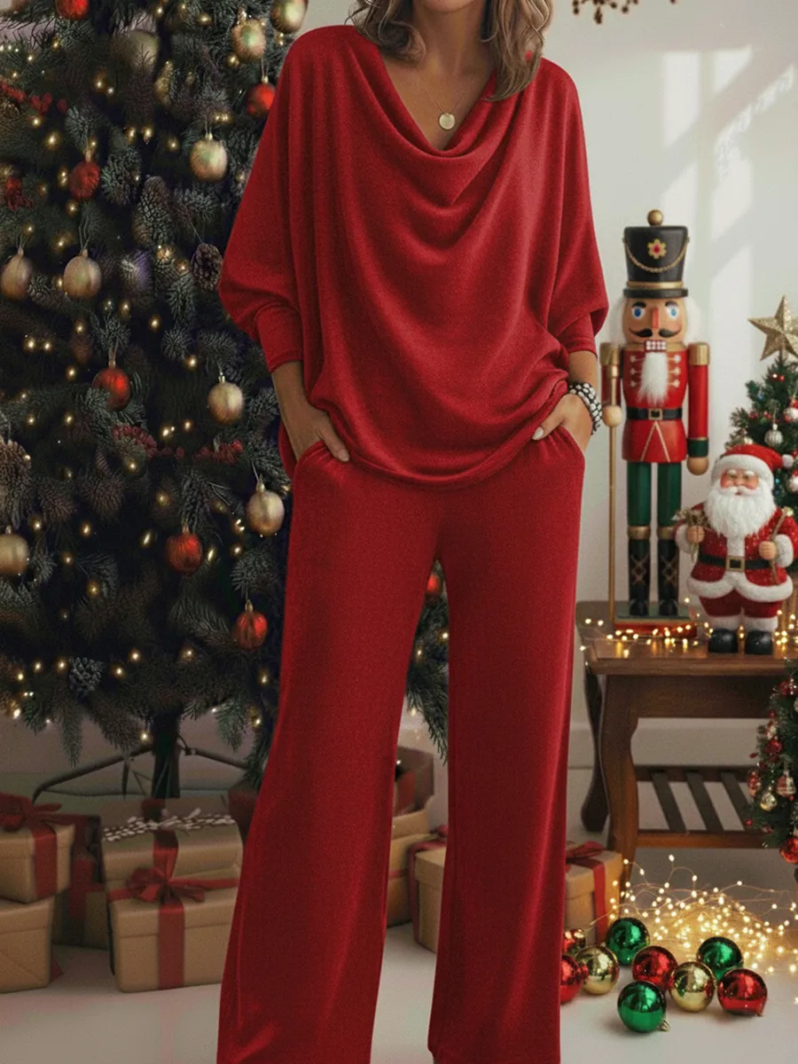 Christmas Cozy Velvet Cowl Collar Top And Pants Two-piece Set