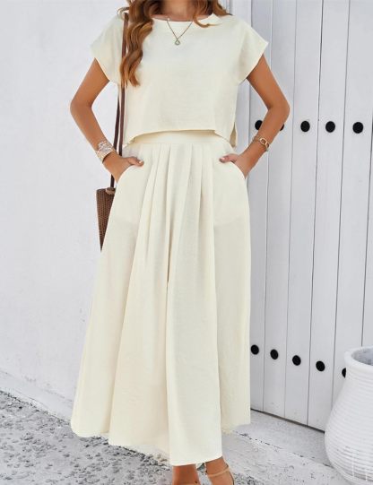 2025 Summer Skirt Sets Women 2 Piece Outfits Cap Sleeve Top Elastic Waist Maxi Dress Sets with Pockets