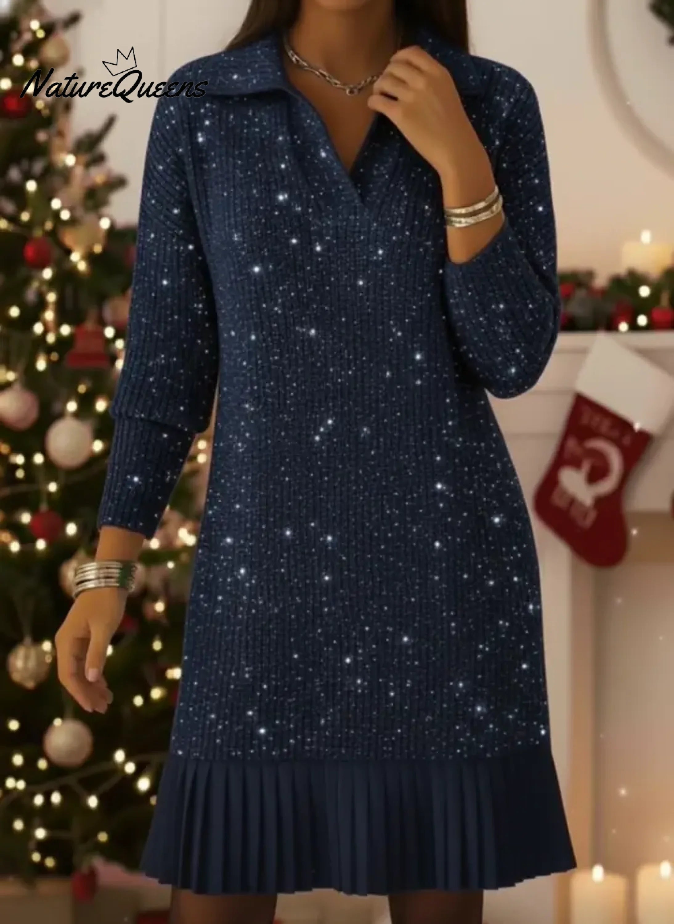 Elegant Polo Neck Shimmering Knit Dress