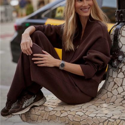 Meet The Autumn Ribbed Zipper Neck Sweatshirt and Elastic Waist Pocketed Loose Pants Set