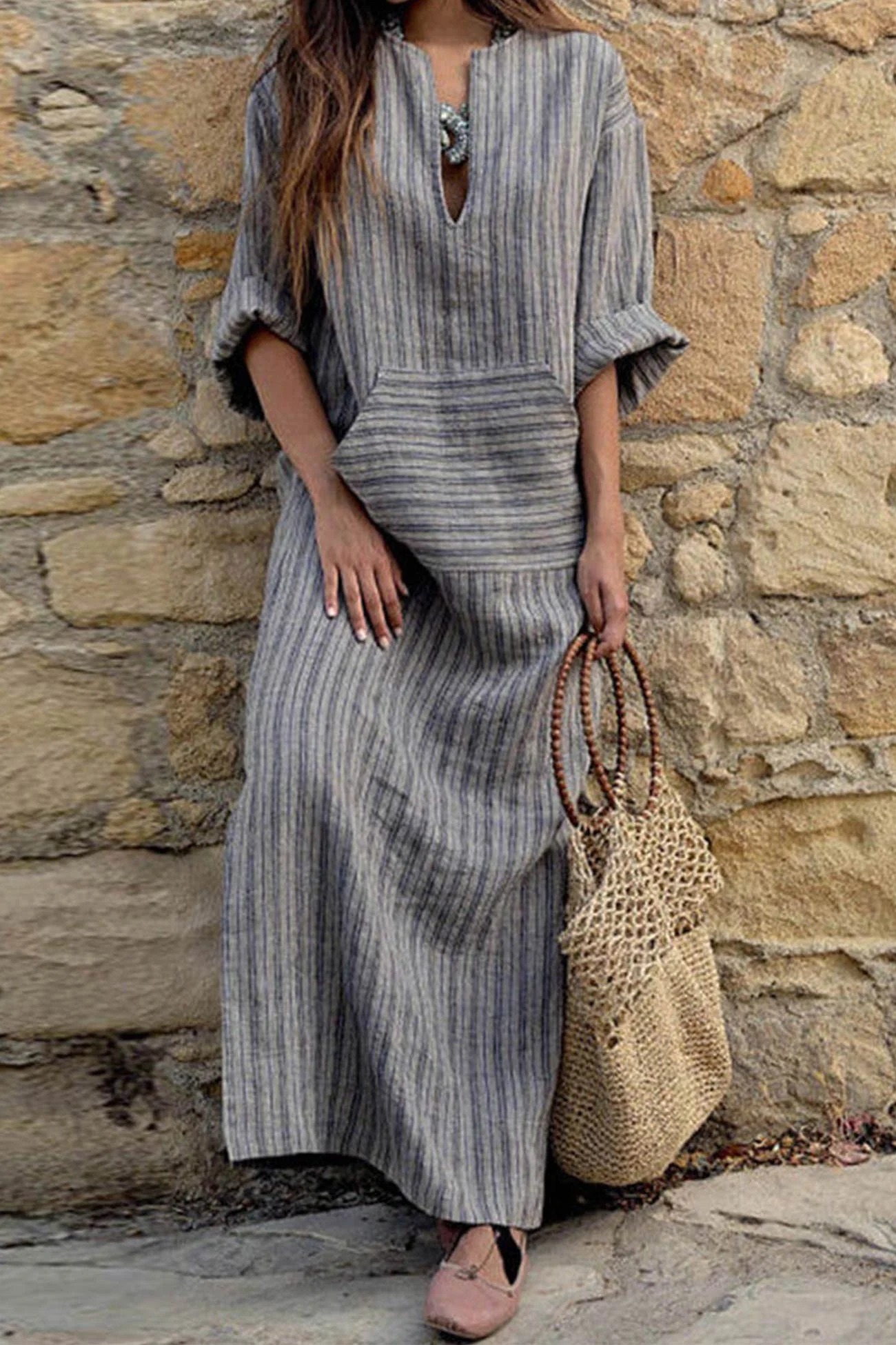 Cosy Cotton and Linen Striped Loose Maxi Dress