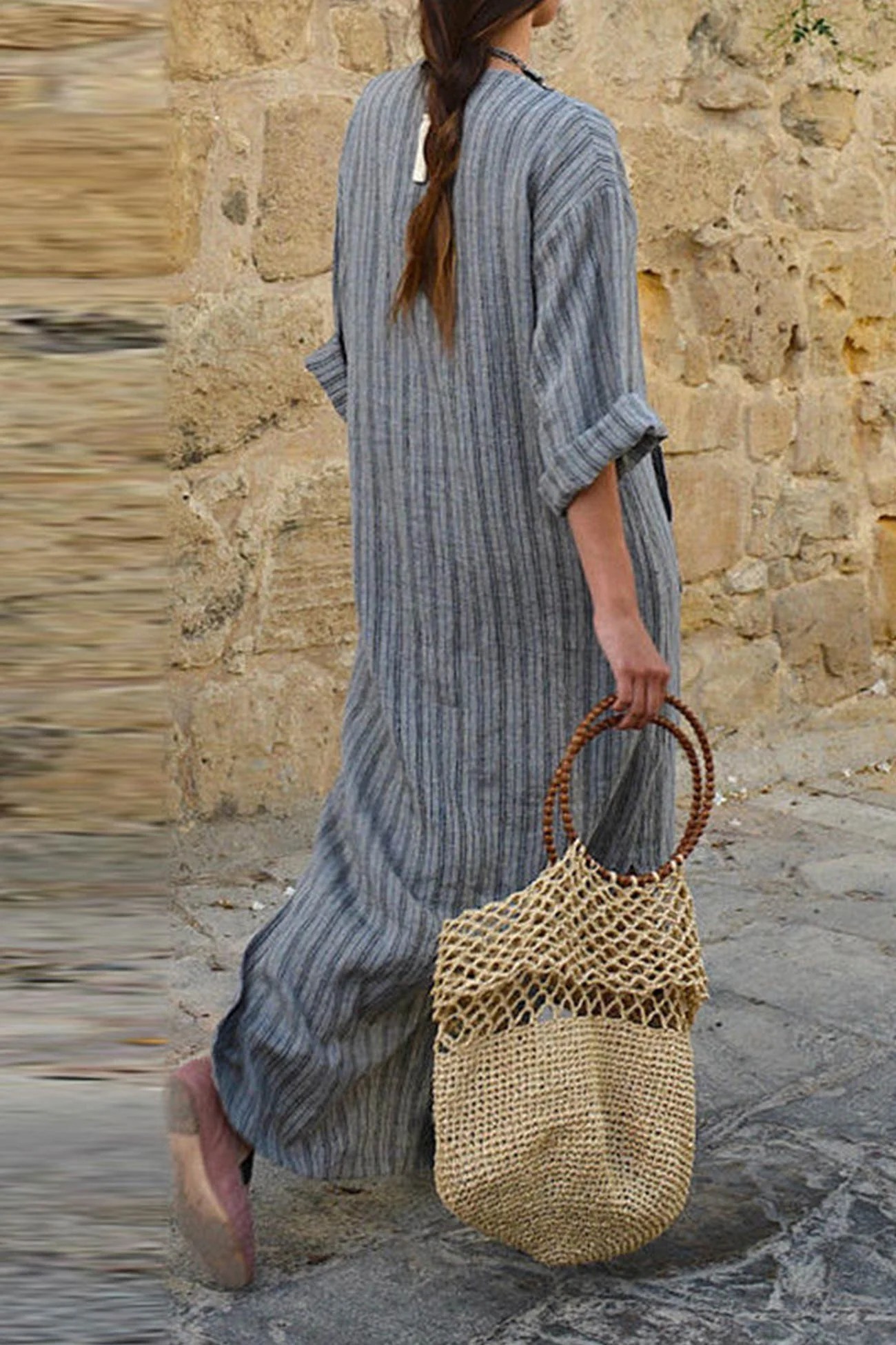 Cosy Cotton and Linen Striped Loose Maxi Dress