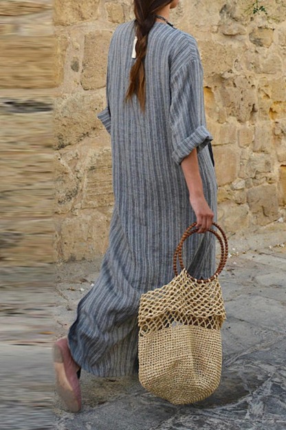 Cosy Cotton and Linen Striped Loose Maxi Dress