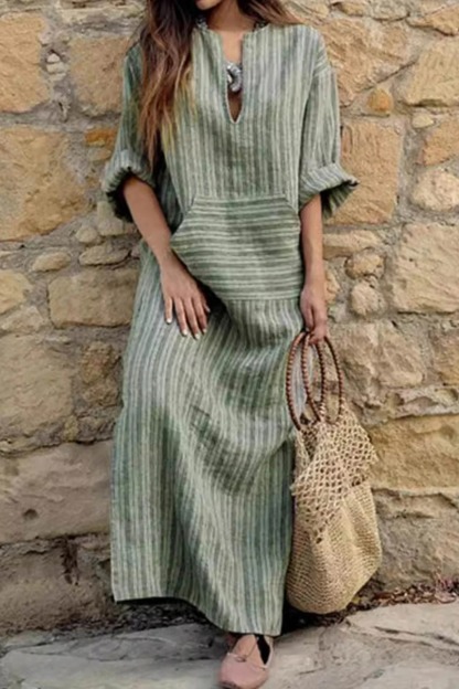 Cosy Cotton and Linen Striped Loose Maxi Dress