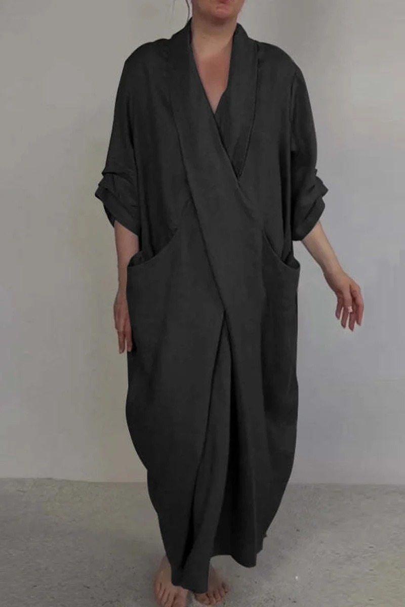 Spring Fall Maxi Dress Robe Baggy Cross V Neck Solid Color Large Pocket Retro A-line Bohemian