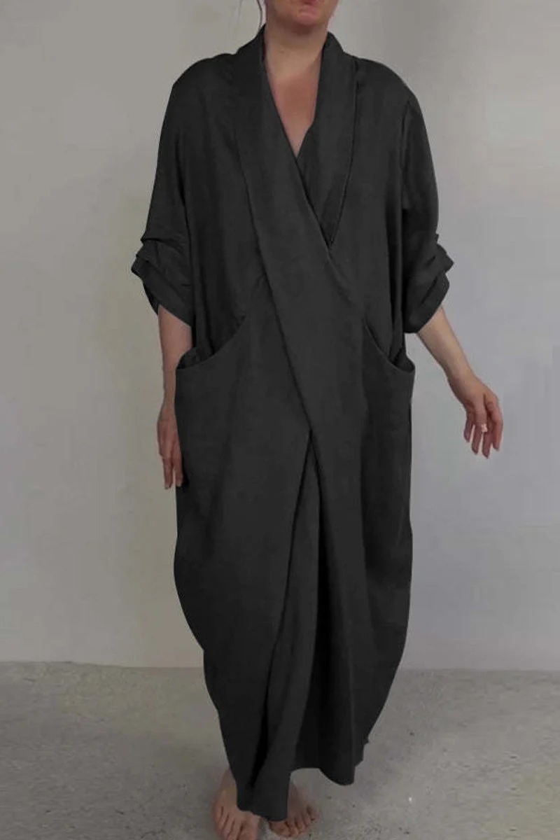Spring Fall Maxi Dress Robe Baggy Cross V Neck Solid Color Large Pocket Retro A-line Bohemian