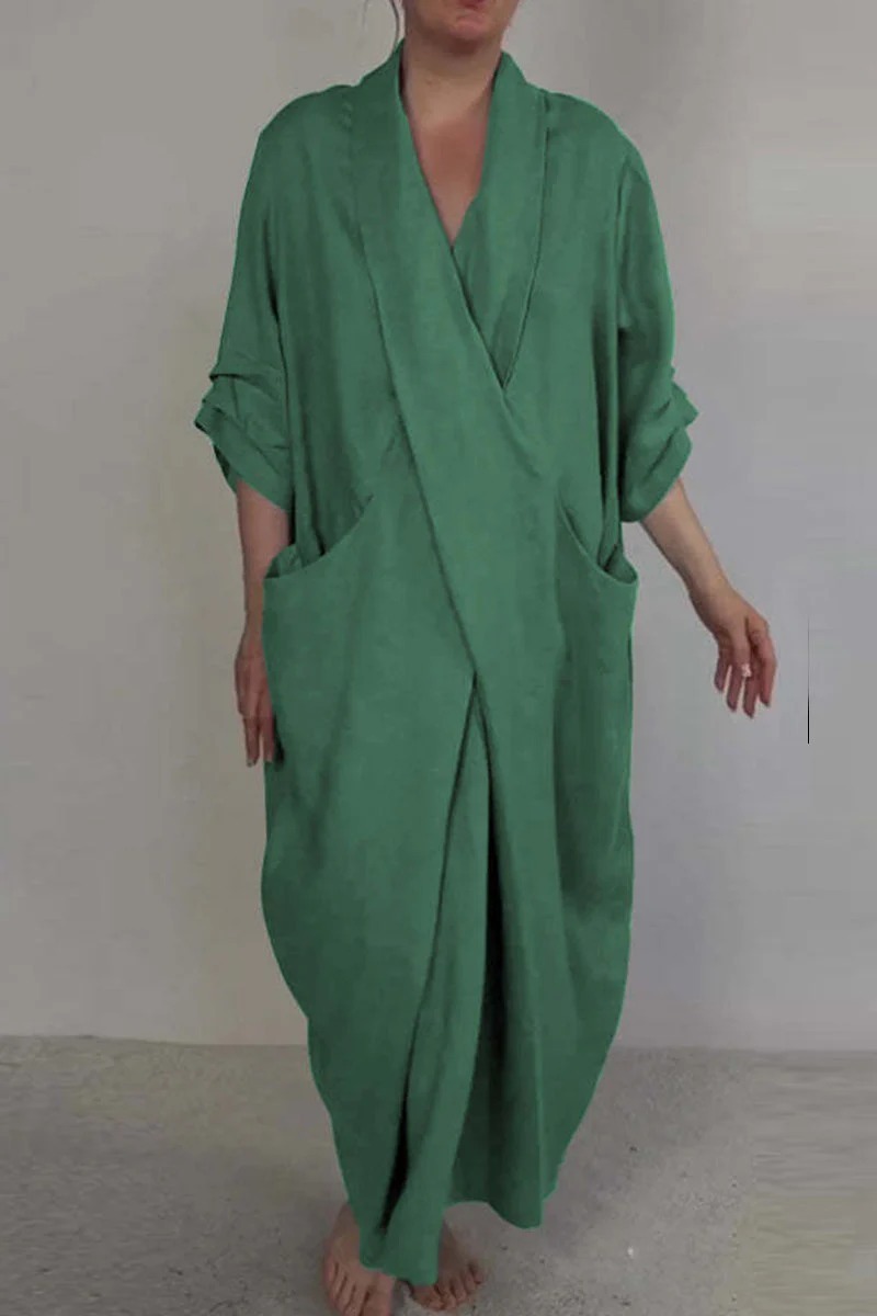 Spring Fall Maxi Dress Robe Baggy Cross V Neck Solid Color Large Pocket Retro A-line Bohemian