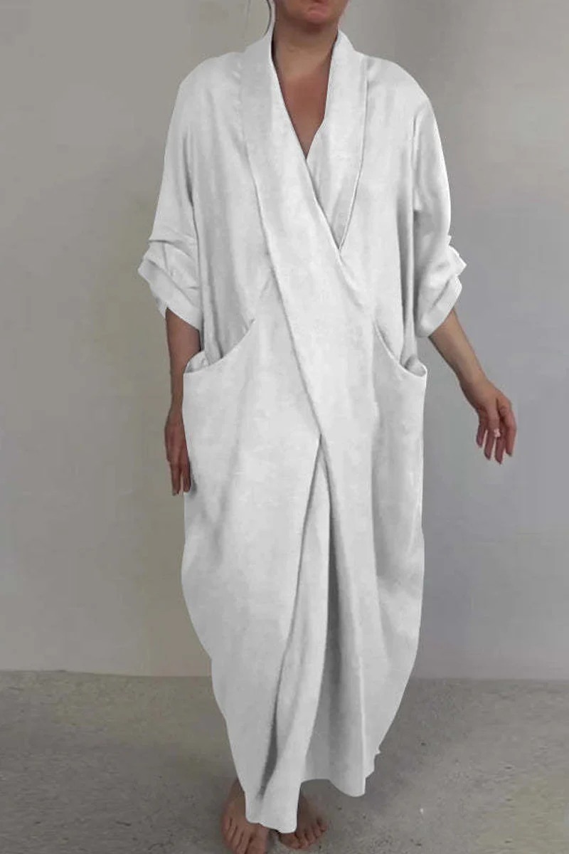 Spring Fall Maxi Dress Robe Baggy Cross V Neck Solid Color Large Pocket Retro A-line Bohemian
