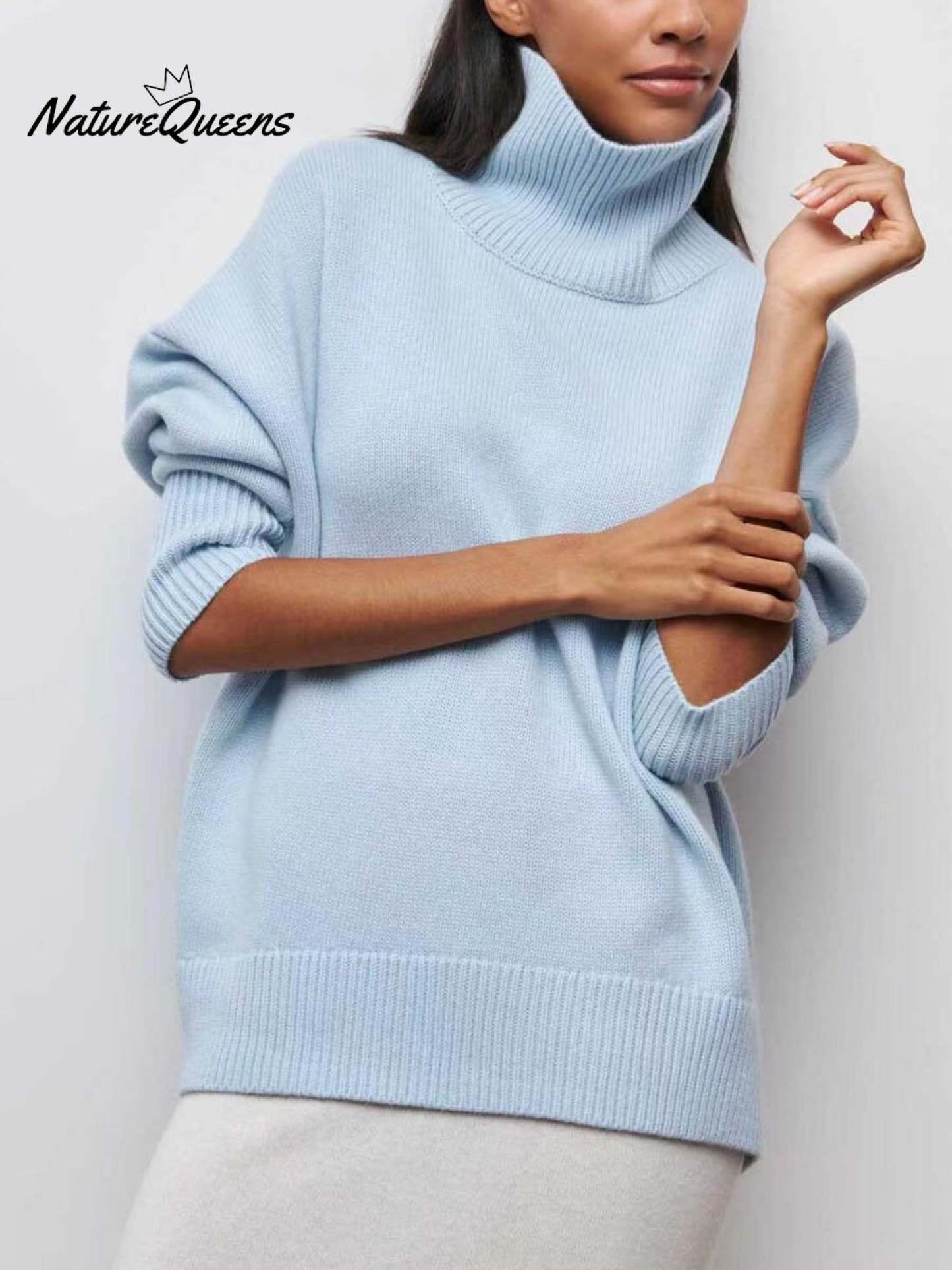 Women's Solid Color Stylish Long-sleeved Loose turtleneck Warm Casual Knitted Sweater
