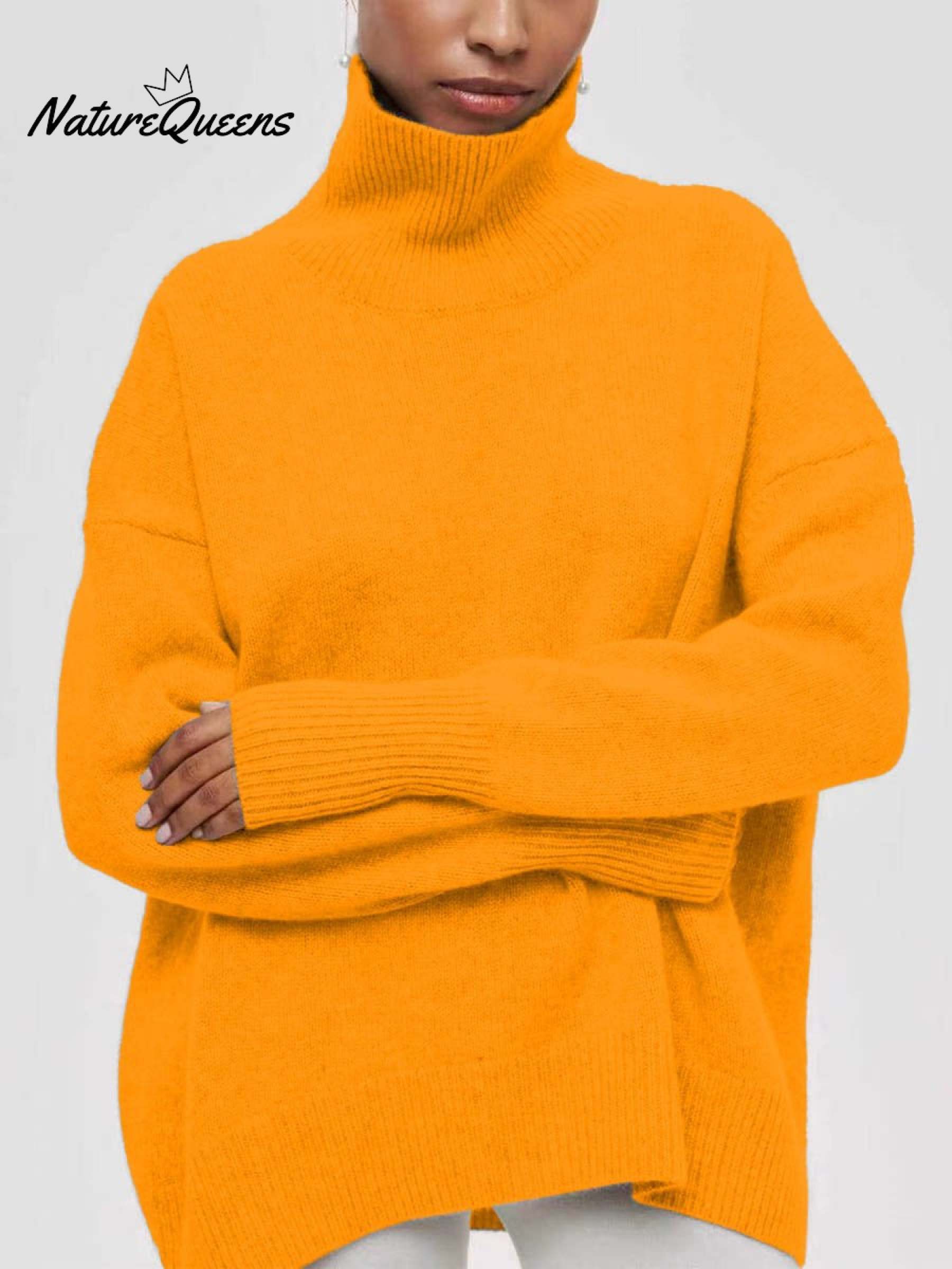 Women's Solid Color Stylish Long-sleeved Loose turtleneck Warm Casual Knitted Sweater