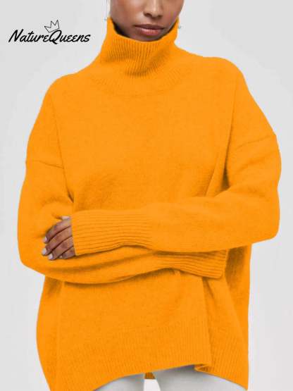 Women's Solid Color Stylish Long-sleeved Loose turtleneck Warm Casual Knitted Sweater