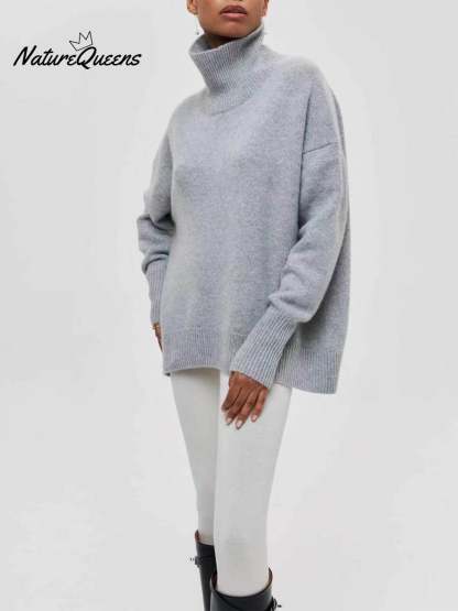 Women's Solid Color Stylish Long-sleeved Loose turtleneck Warm Casual Knitted Sweater
