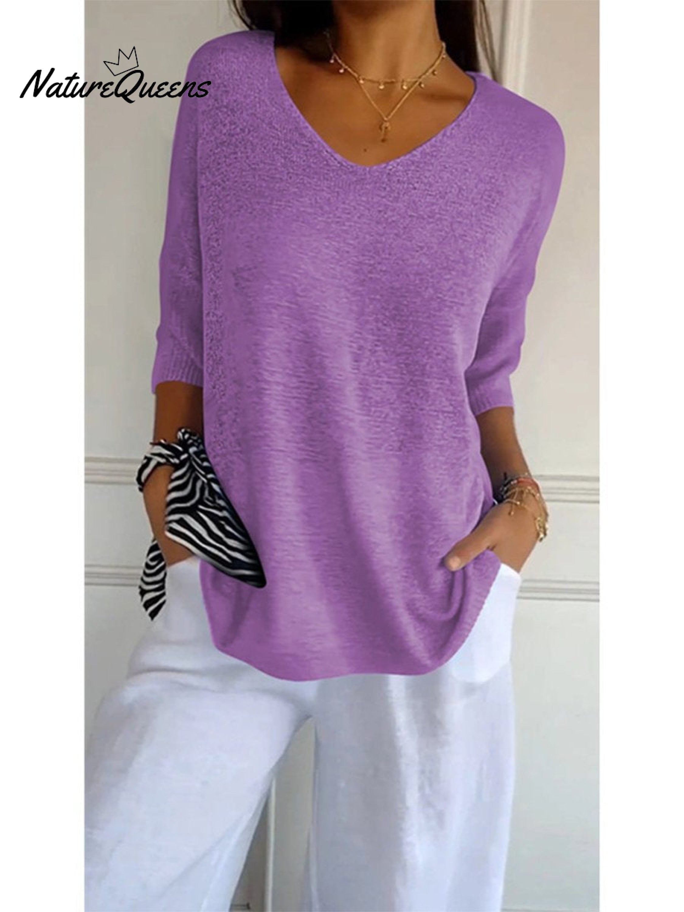 Women's Solid Color Knitted 3/4 Sleeve V-neck Top