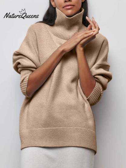 Women's Solid Color Stylish Long-sleeved Loose turtleneck Warm Casual Knitted Sweater