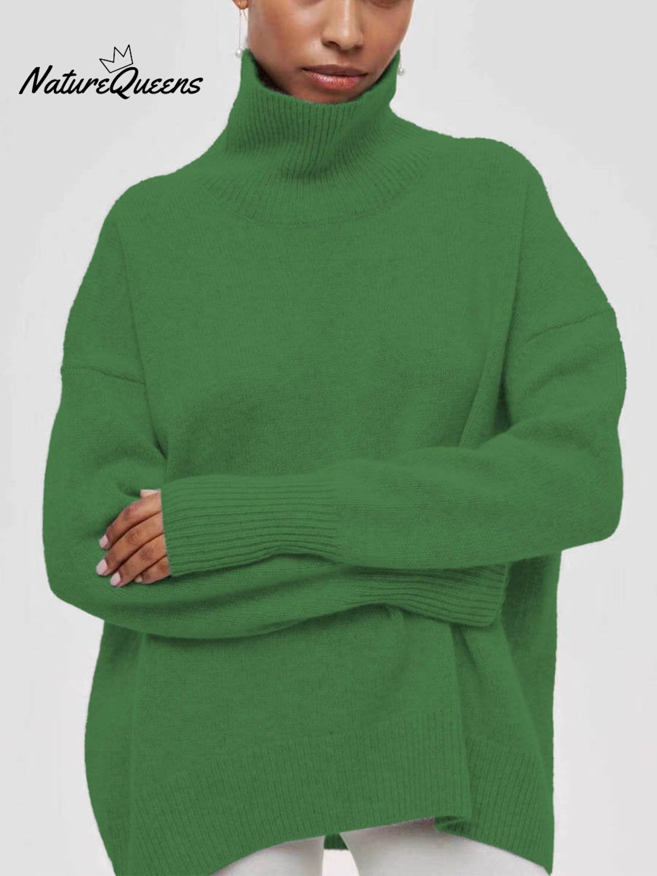 Women's Solid Color Stylish Long-sleeved Loose turtleneck Warm Casual Knitted Sweater