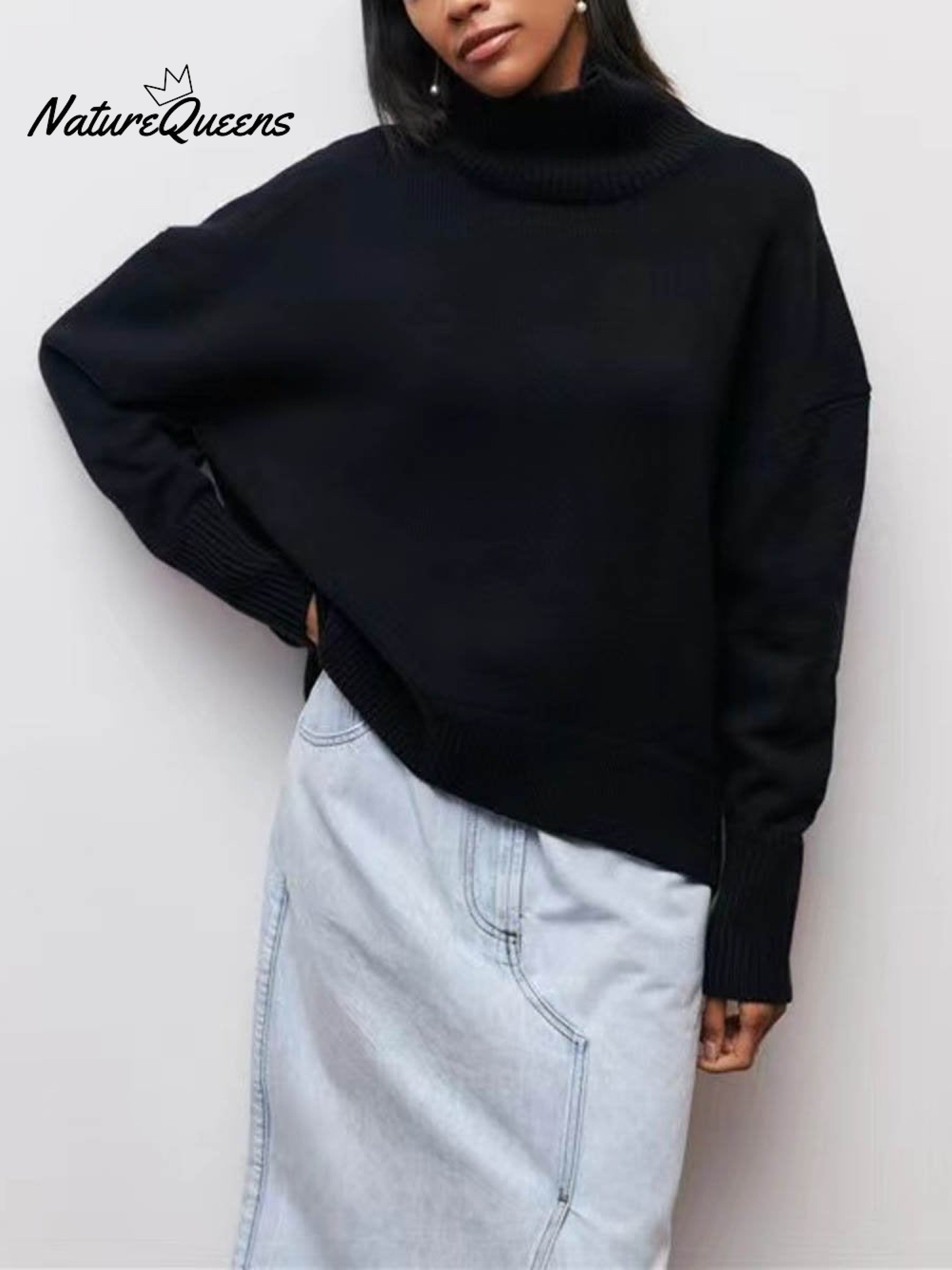 Women's Solid Color Stylish Long-sleeved Loose turtleneck Warm Casual Knitted Sweater