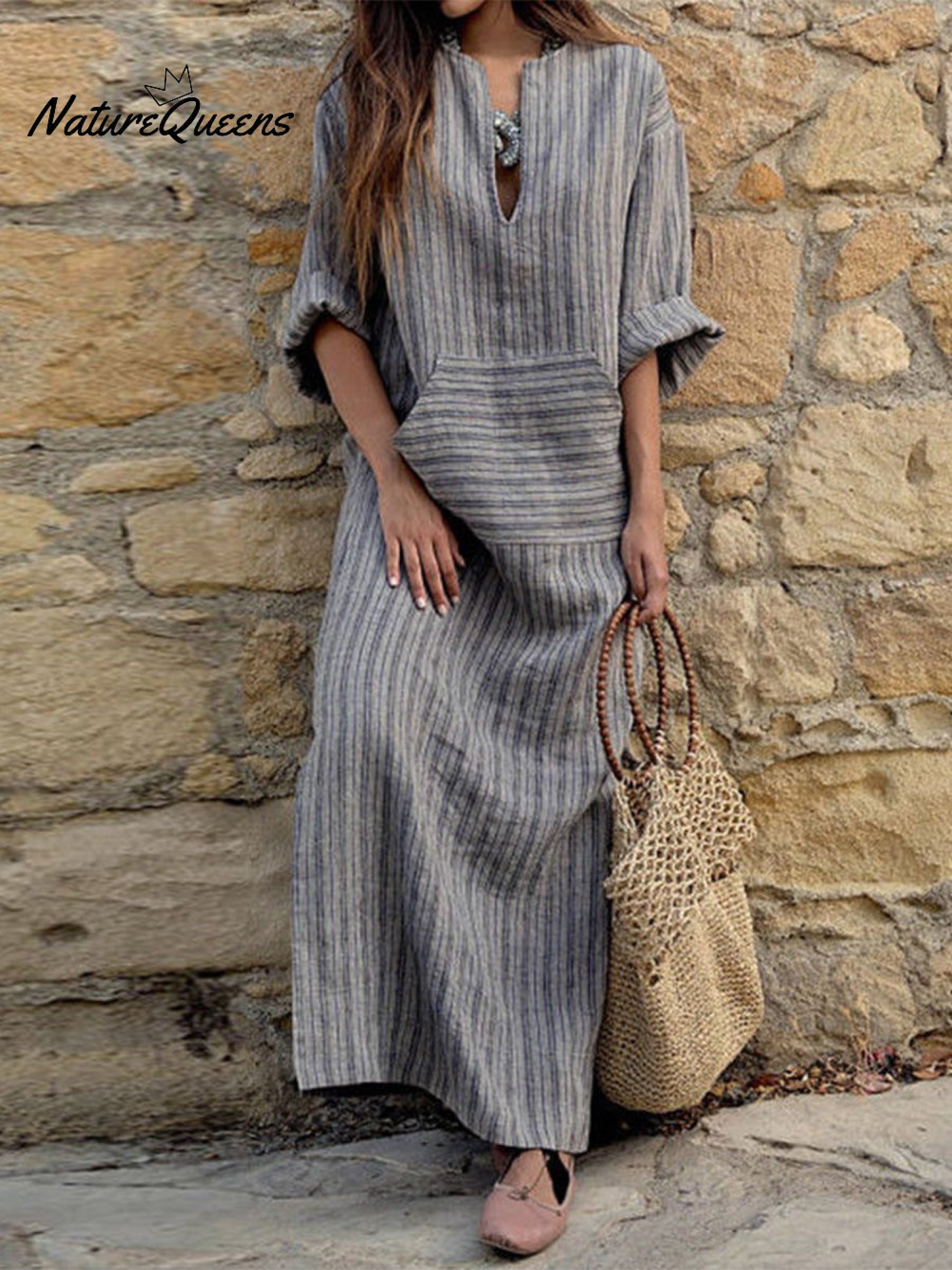 Cosy Cotton and Linen Striped Loose Maxi Dress