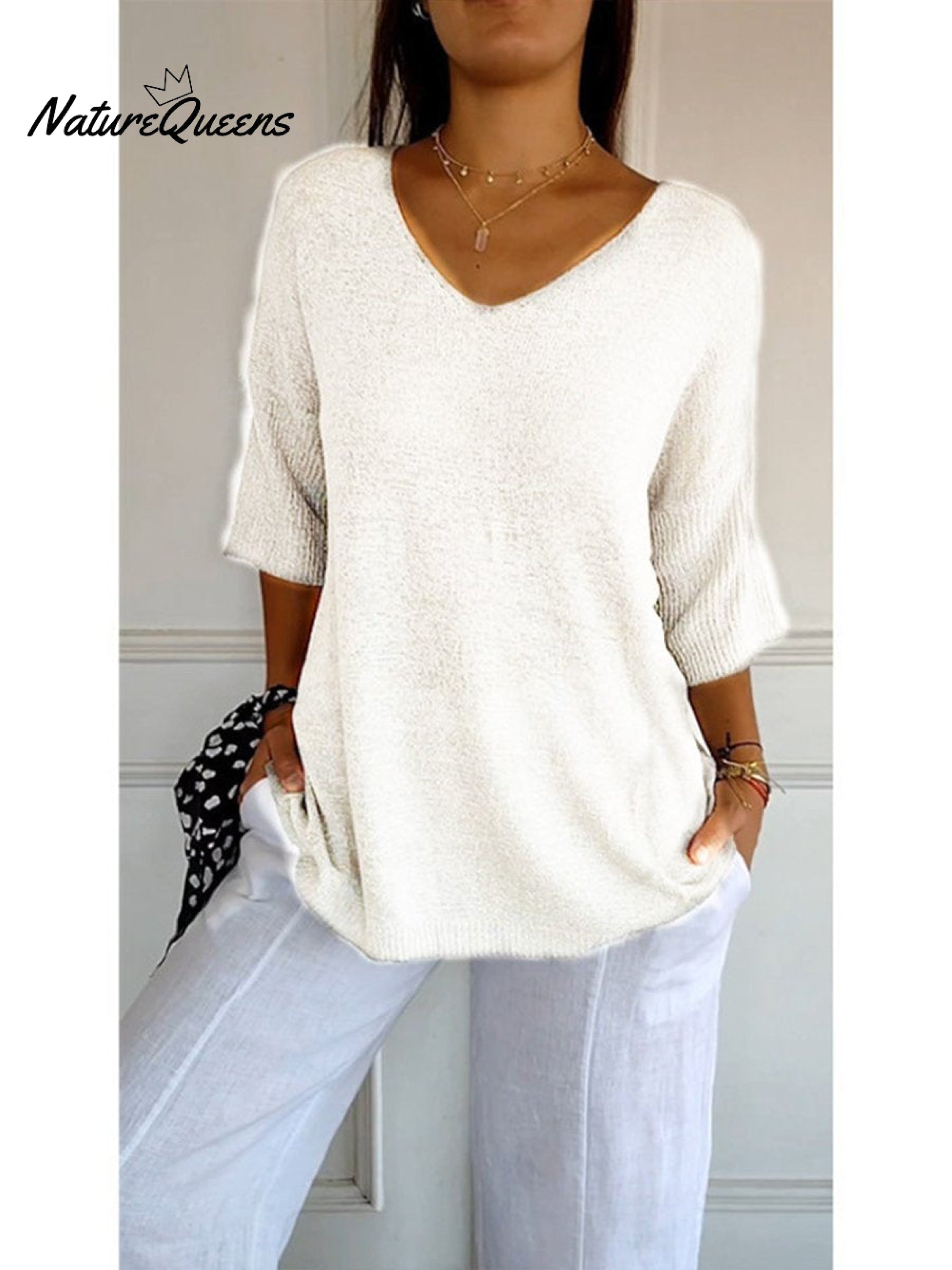 Women's Solid Color Knitted 3/4 Sleeve V-neck Top