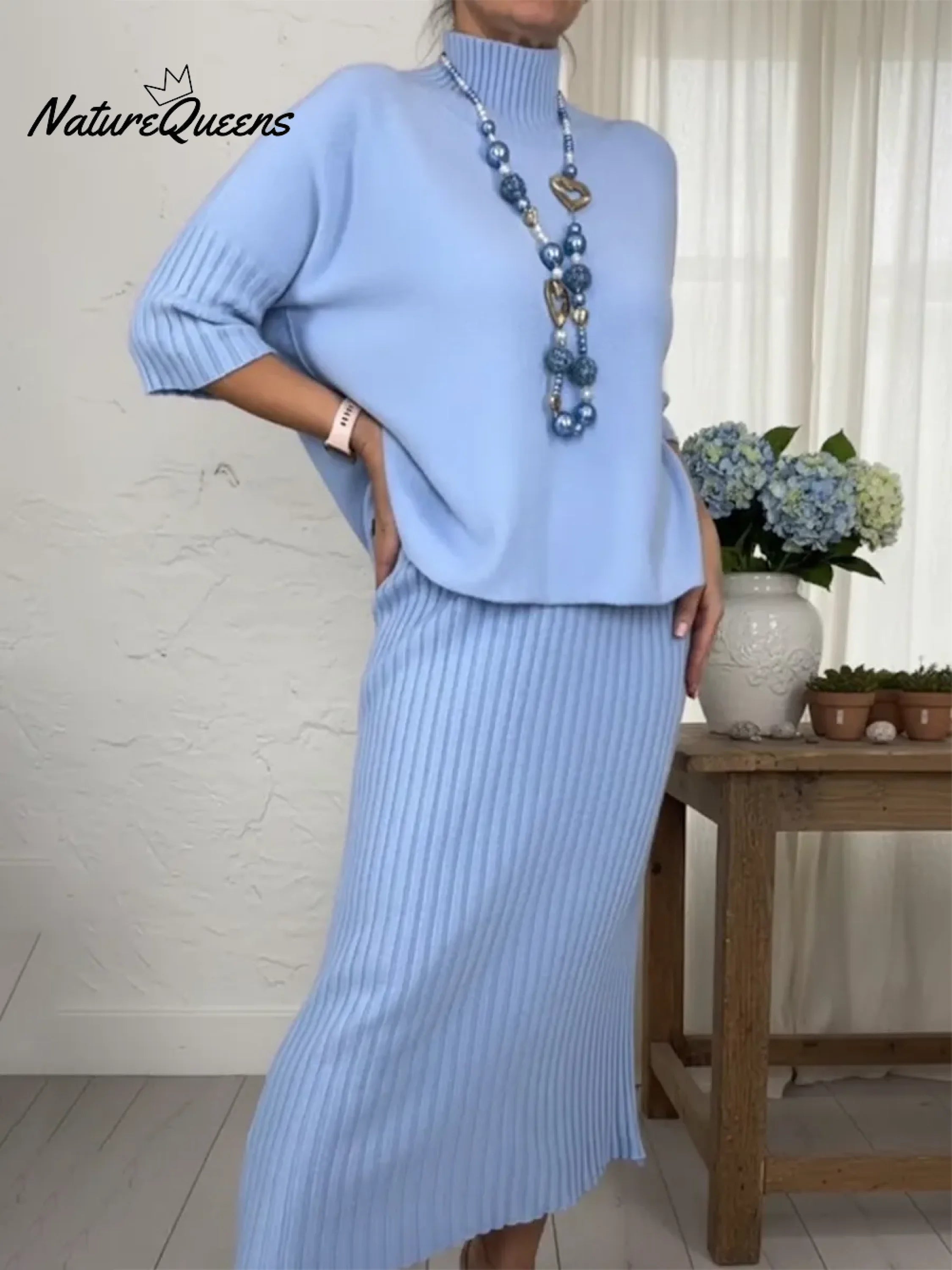 Elegant Knitted Turtleneck Sweater And Skirt Two-piece Set