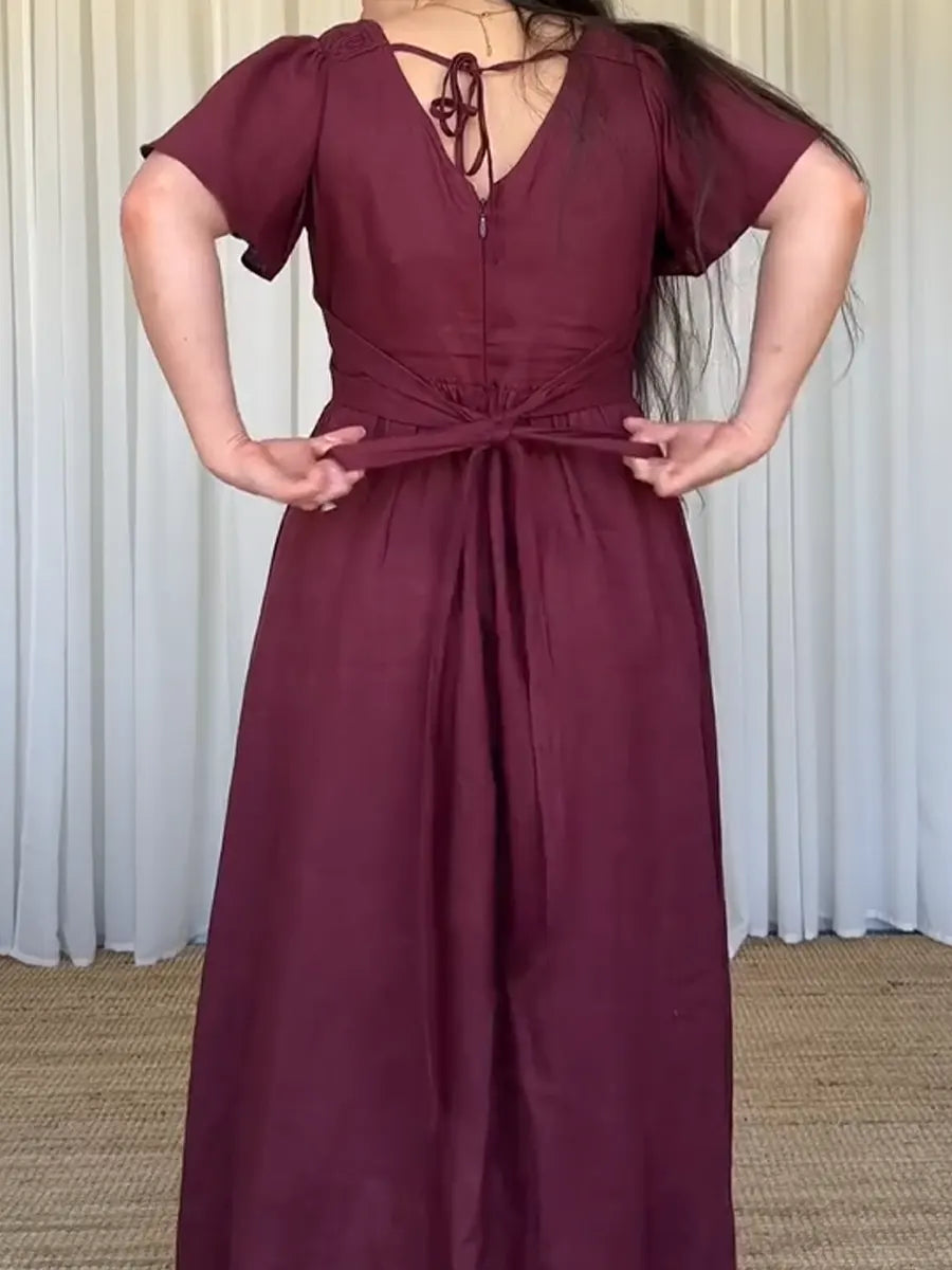 Women's Fitted V-neck Short-sleeved Linen And Cotton Dress