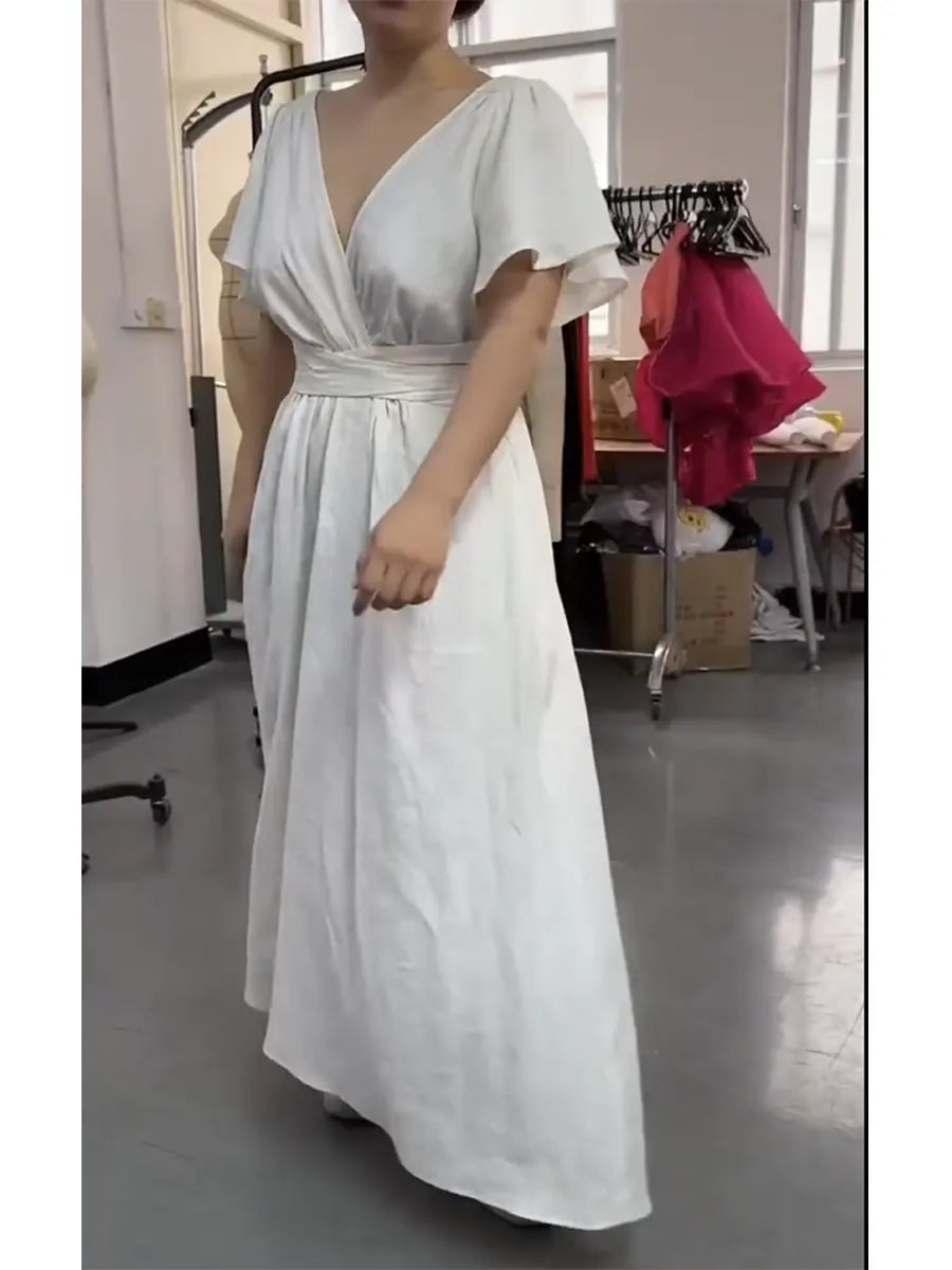 Women's Fitted V-neck Short-sleeved Linen And Cotton Dress