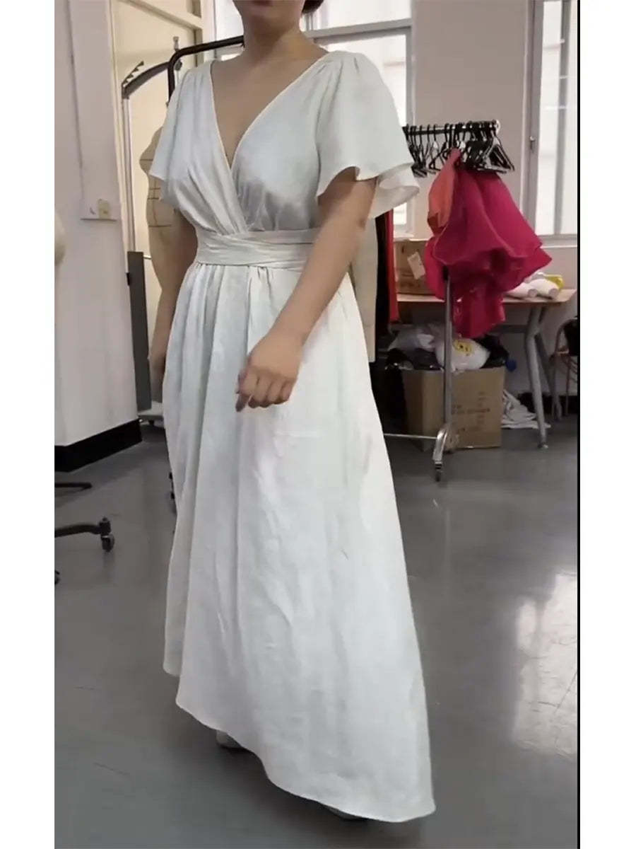 Women's Fitted V-neck Short-sleeved Linen And Cotton Dress