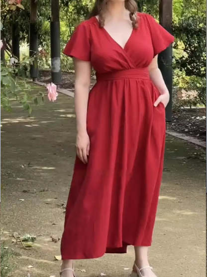 Women's Fitted V-neck Short-sleeved Linen And Cotton Dress