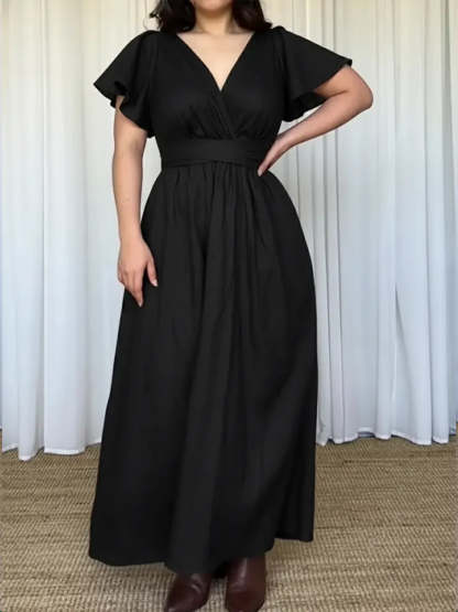 Women's Fitted V-neck Short-sleeved Linen And Cotton Dress