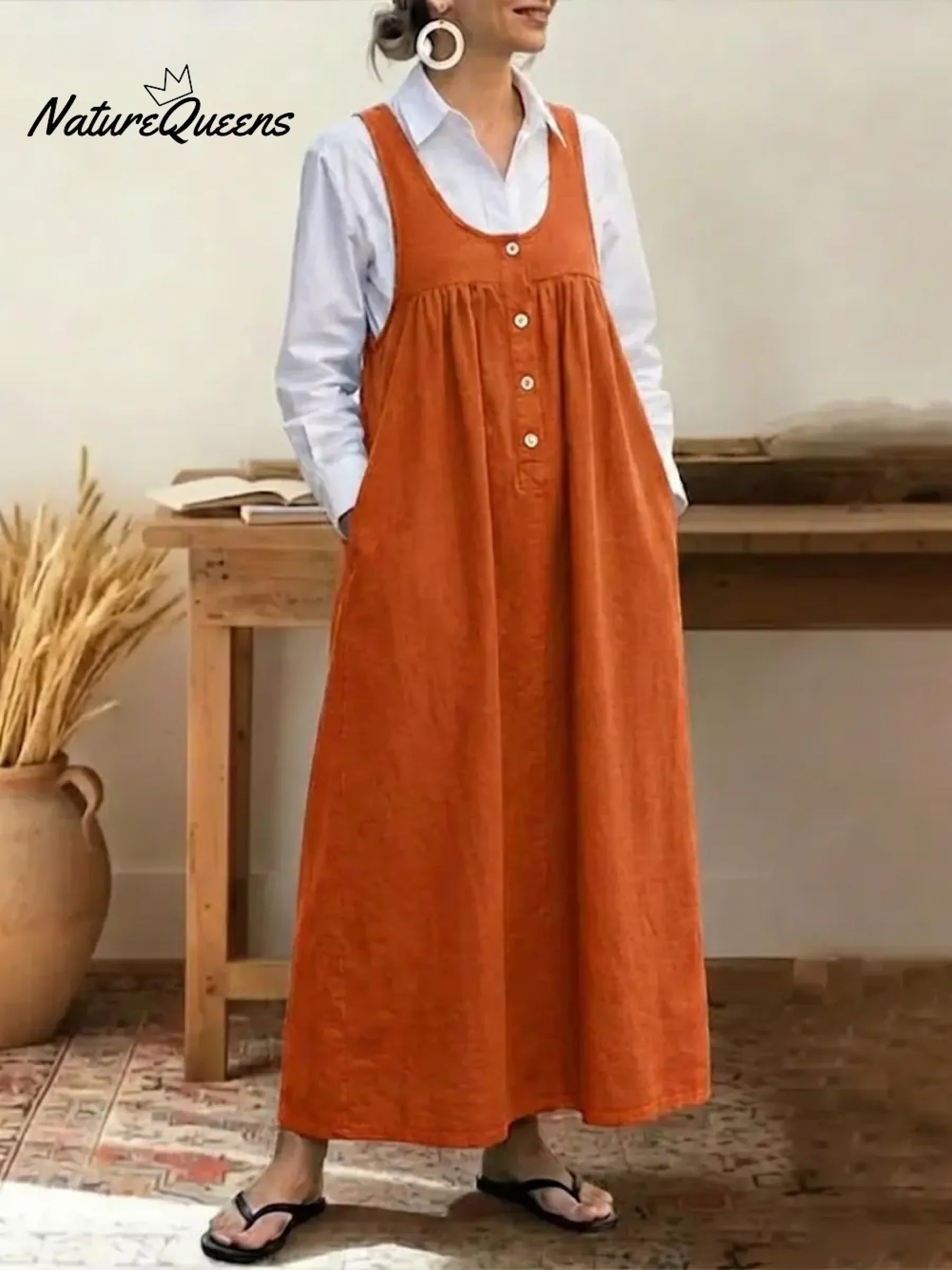 Women's Solid Color U-neck Sleeveless Casual Loose Cotton Vest Dress