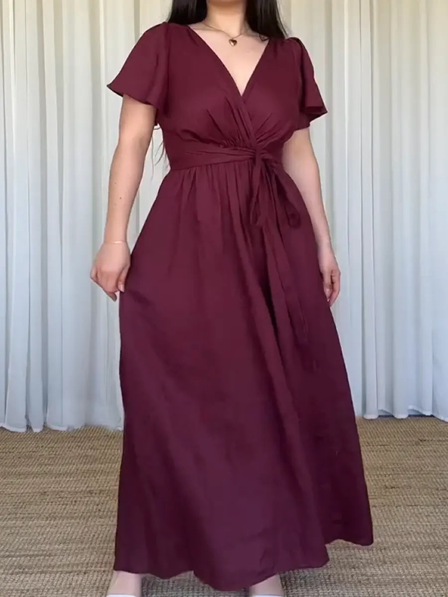 Women's Fitted V-neck Short-sleeved Linen And Cotton Dress