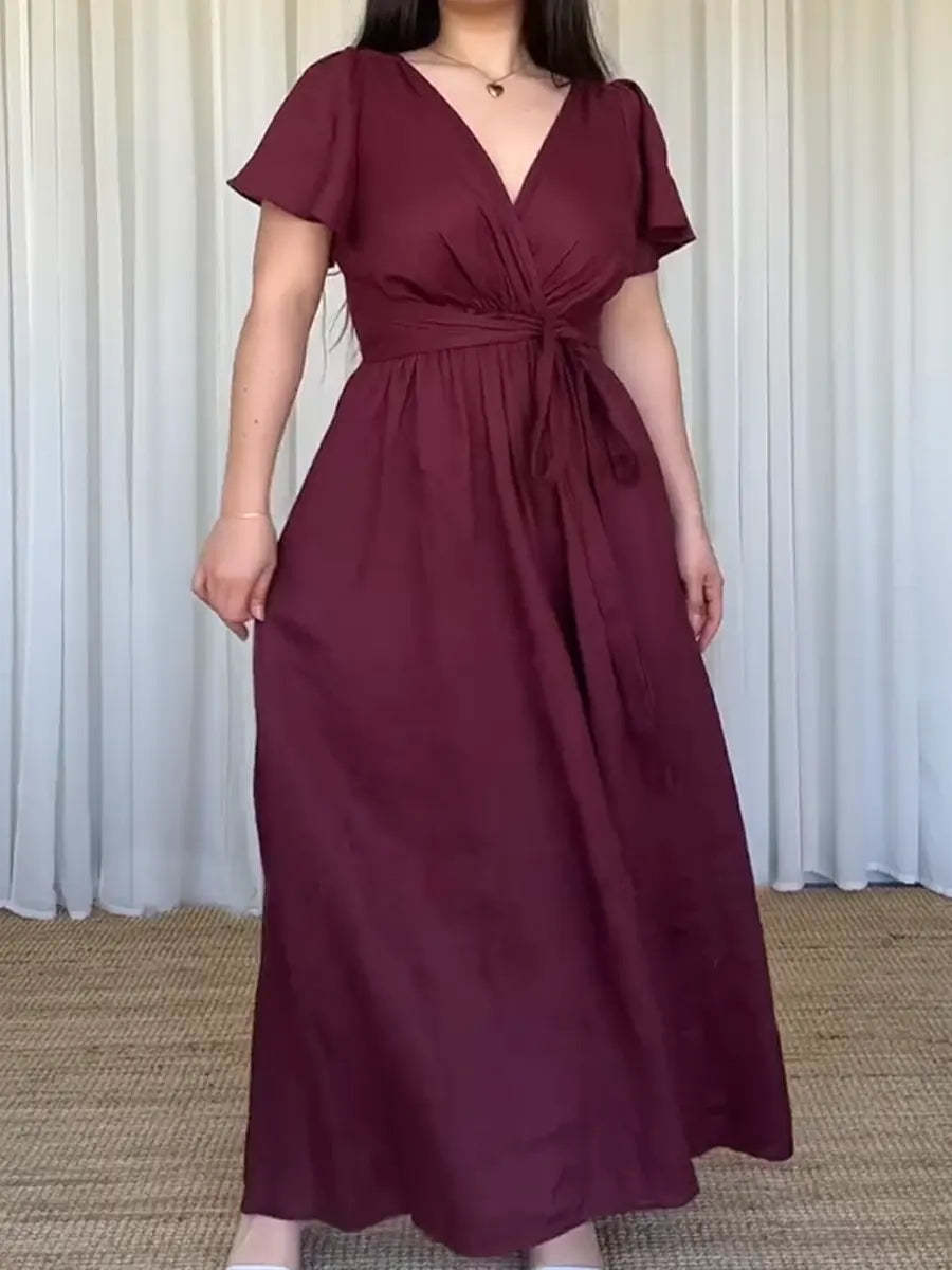 Women's Fitted V-neck Short-sleeved Linen And Cotton Dress