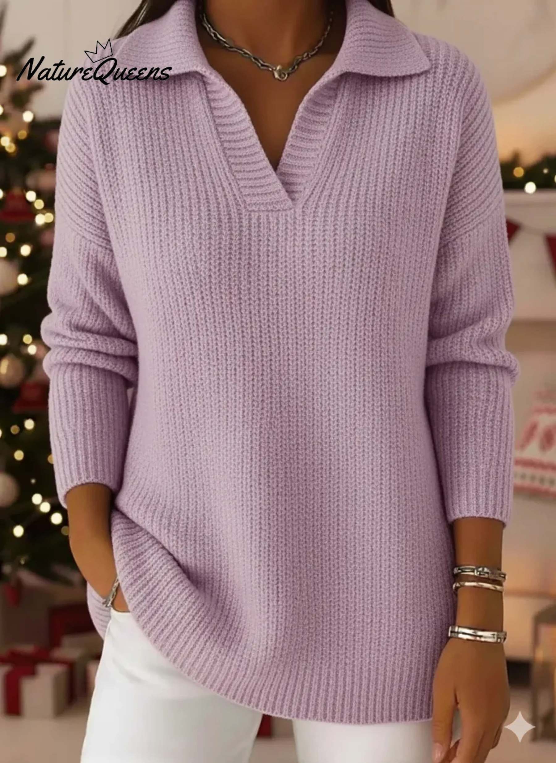 Casual Loose-fitting Polo Neck V-neck Knitted Pullover