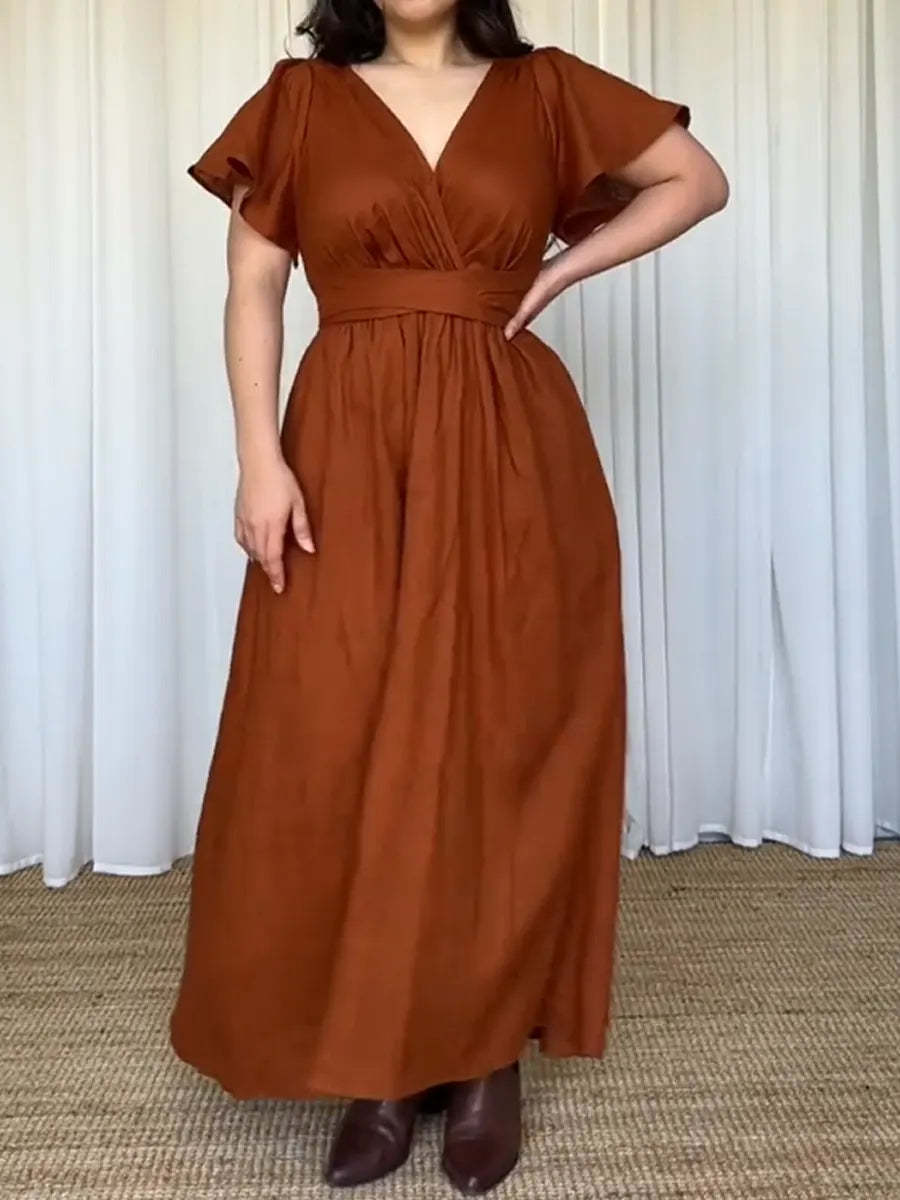 Women's Fitted V-neck Short-sleeved Linen And Cotton Dress