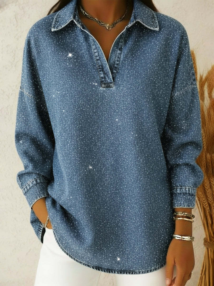Casual Sparkling Polo-neck Denim Shirt Top