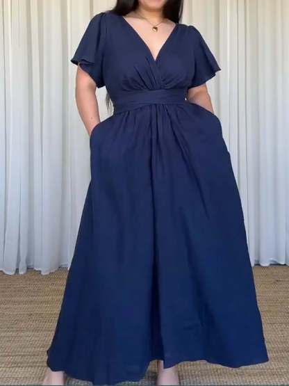 Women's Fitted V-neck Short-sleeved Linen And Cotton Dress