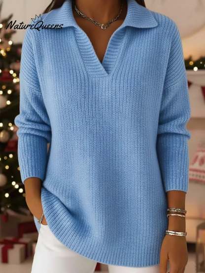 Casual Loose-fitting Polo Neck V-neck Knitted Pullover
