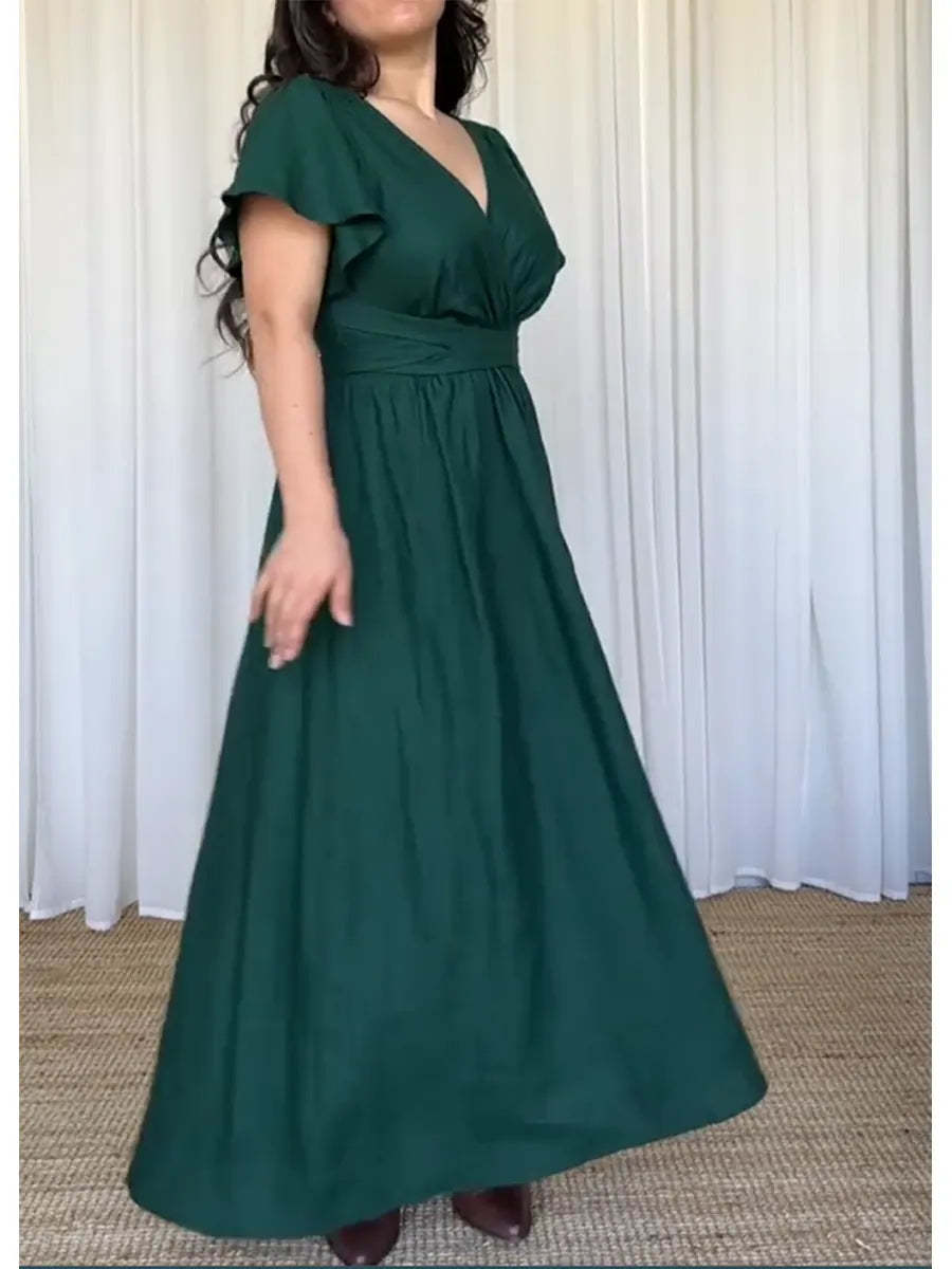 Women's Fitted V-neck Short-sleeved Linen And Cotton Dress