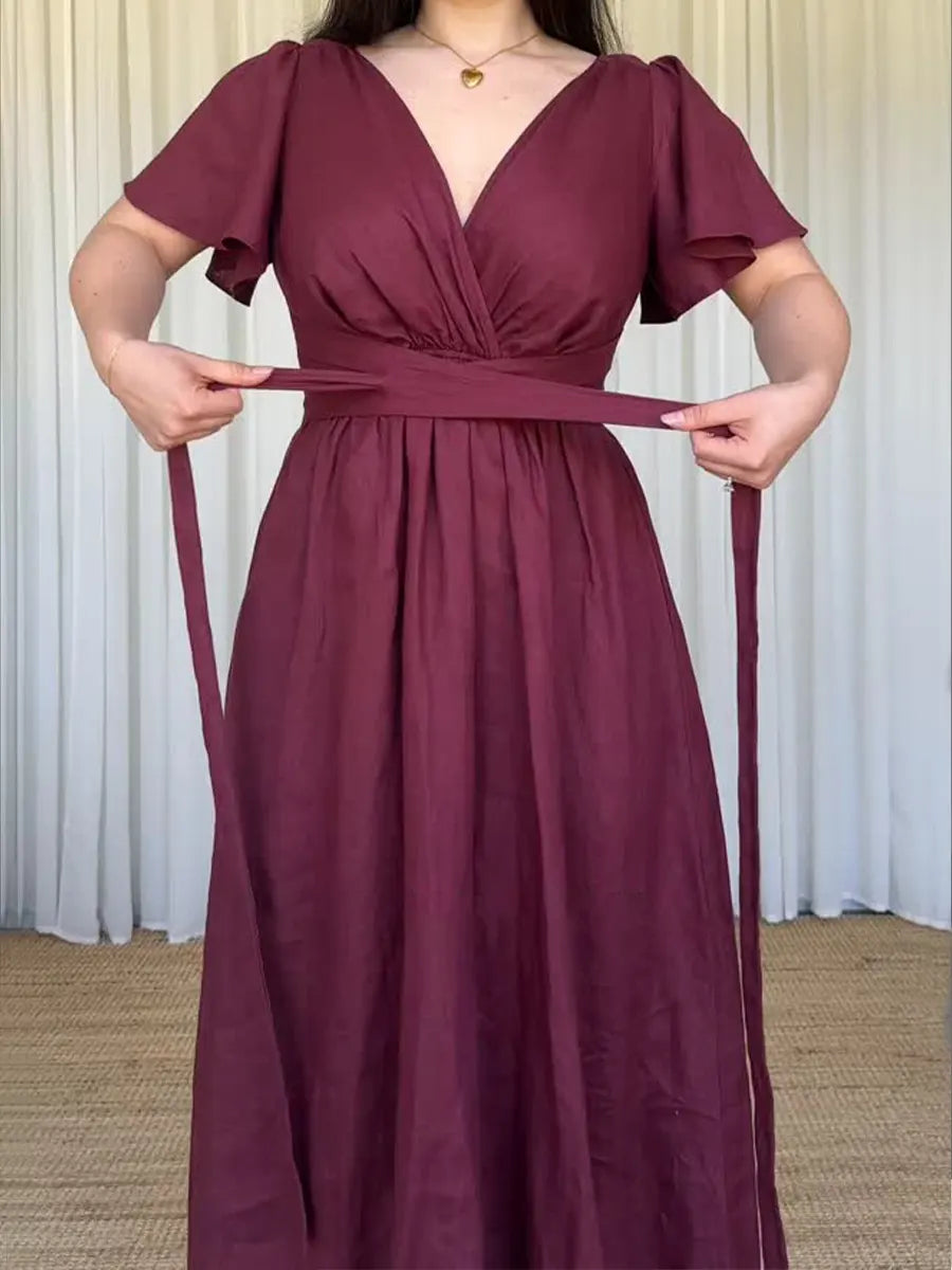 Women's Fitted V-neck Short-sleeved Linen And Cotton Dress