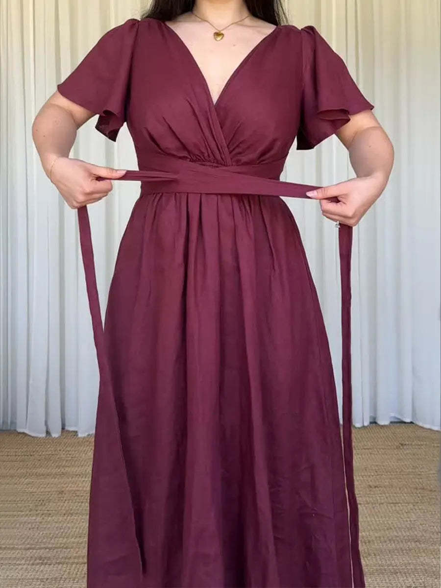 Women's Fitted V-neck Short-sleeved Linen And Cotton Dress