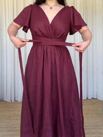 Women's Fitted V-neck Short-sleeved Linen And Cotton Dress